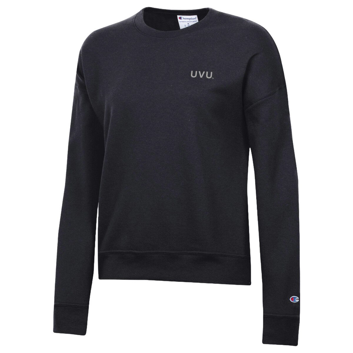Women's Fit black Champion crew, Small embroidered tan UVU on the left Chest